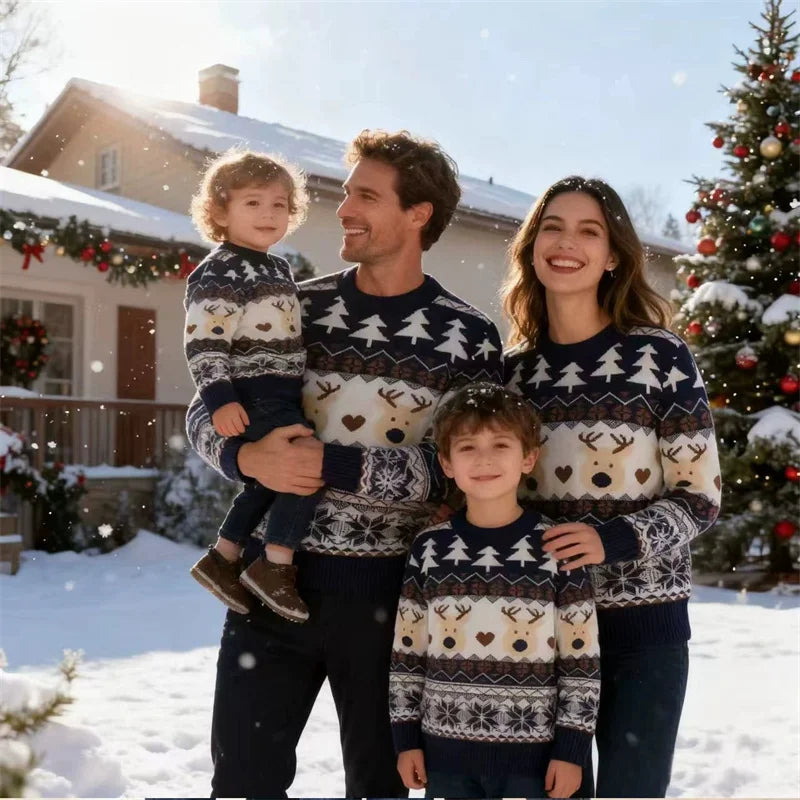 Christmas Family Matching Outfits Boys Girls Adult Cartoon Sweaters Mom Son Thermal Knitwear Autumn Dad  Daughter Pullover