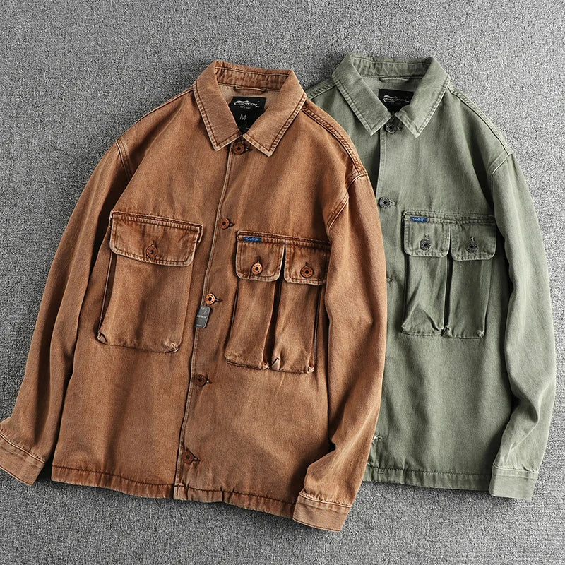 Heavy do old washed coffee color denim jacket men retro trend three-dimensional pocket youth cardigan coat