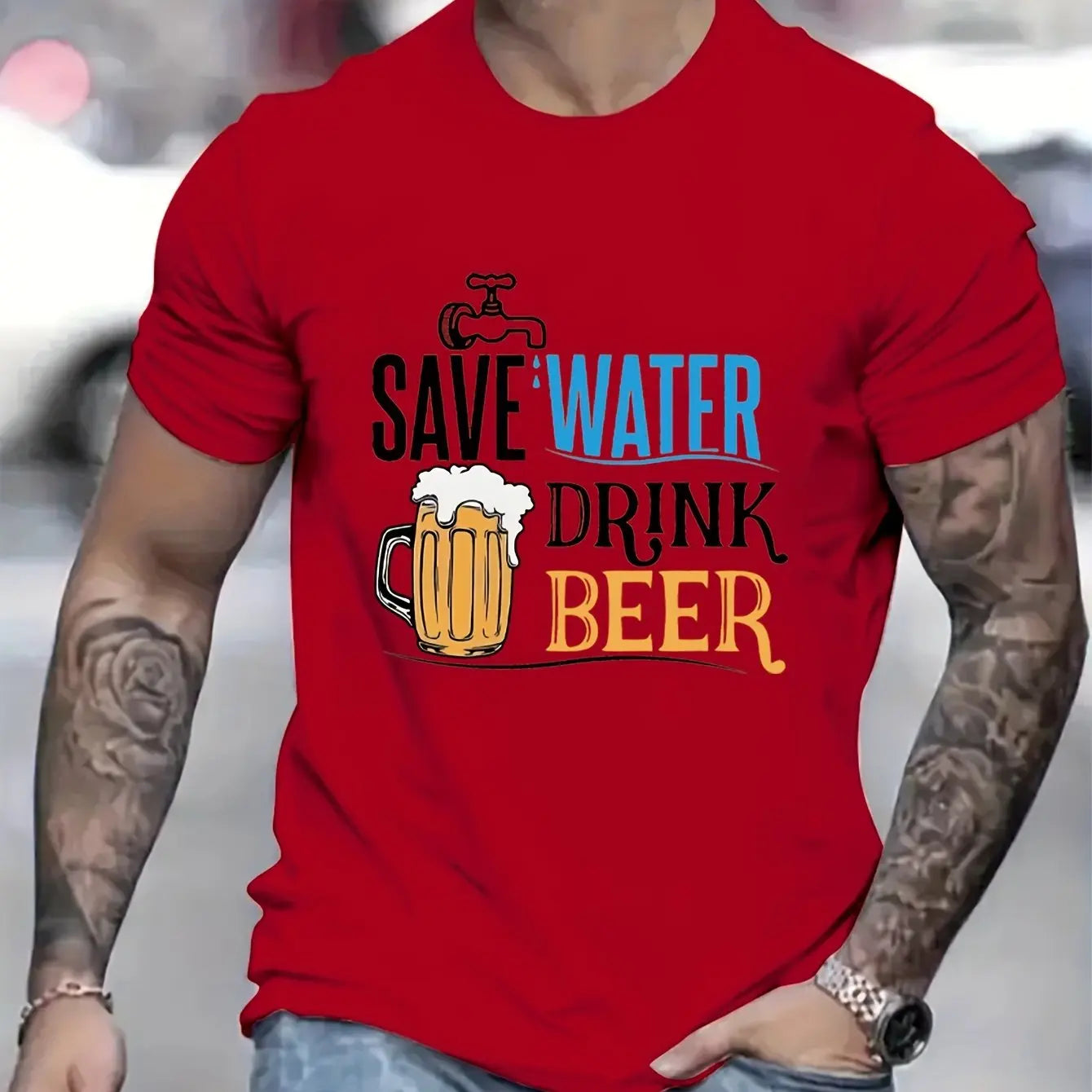 Men's summer 100% pure cotton Creative beer graphic printed fashionable and casual loose round neck short sleeved T-shirt top