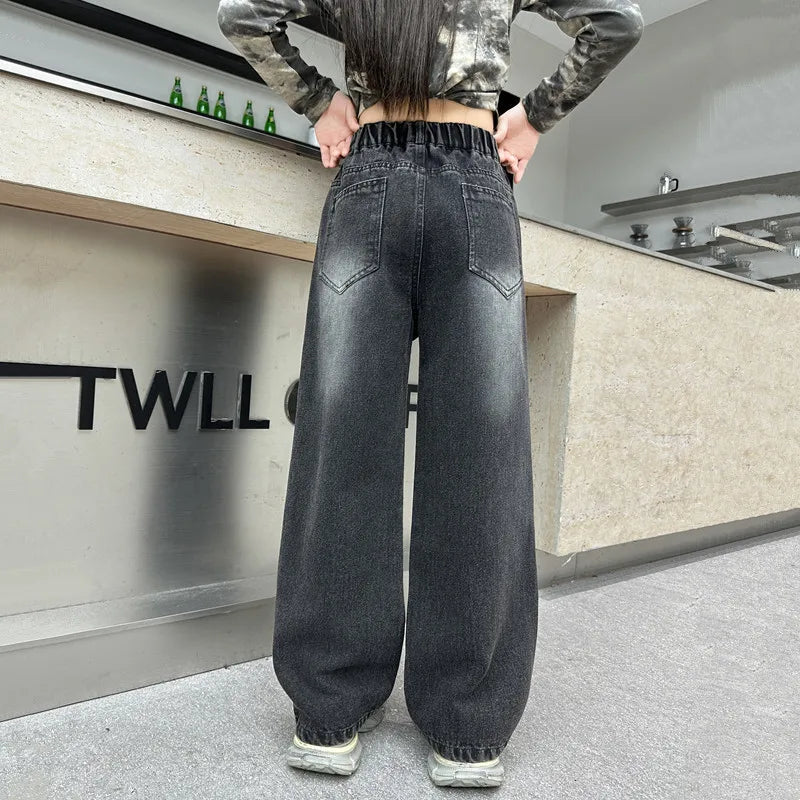 Teenage Child Vintage Straight Fit Black Jeans for Tween Girl Casual Gradient Denim Pants Kids New Fashion Jeans Trousers 4-14Y