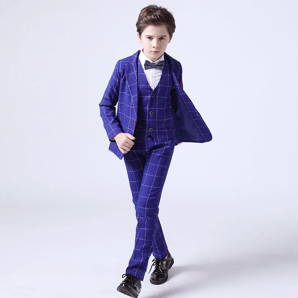 Teenager Costume Boy Young Blazer Children Elegant Party Suit Baby Blue Gray Red Plaid Birthday Tuxedo Gentlemen Pageant Outfits