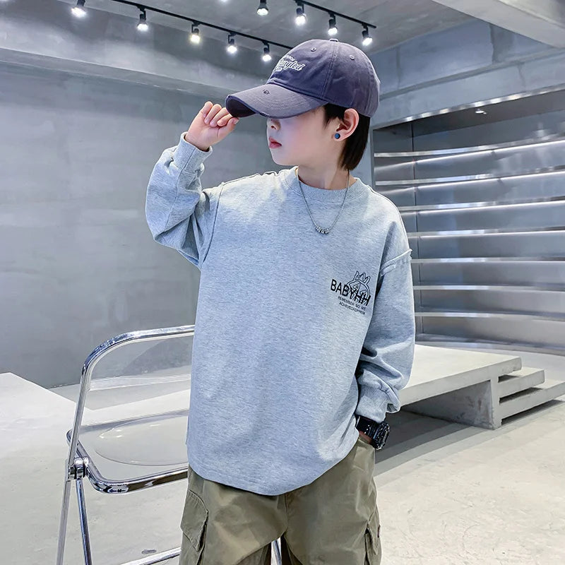 Teen Boys Letter Print Sweatshirt Spring Autumn Long Sleeve Children Loose Casual Kids Grey Color Cotton Pullover Outerwear 4-14