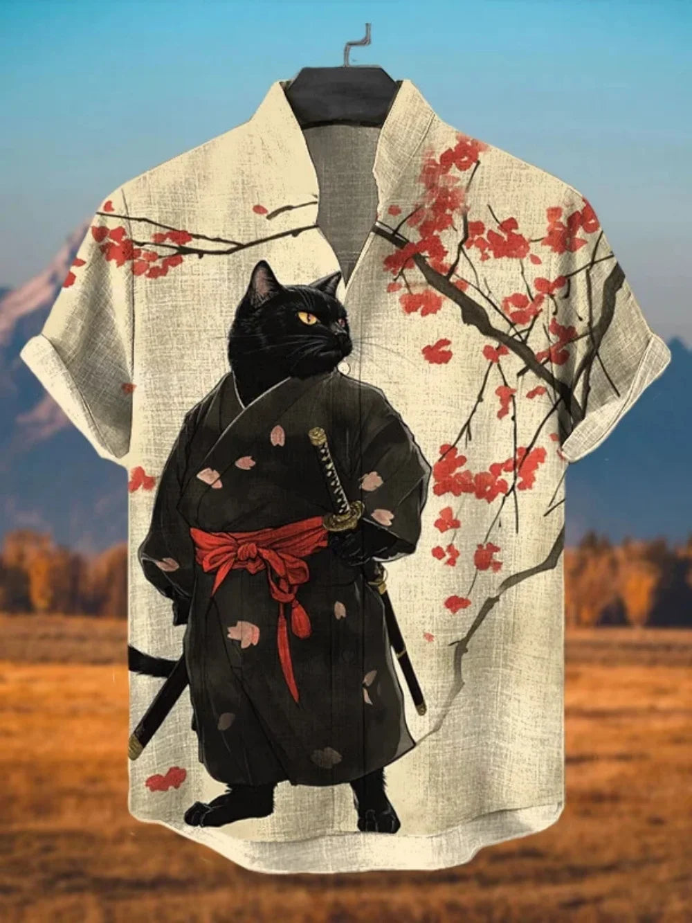 Men's Fashionable Black Cat Retro Print Shirt Short Sleeved Stand up Collar Cardigan Summer Casual Breathable Men's Clothing