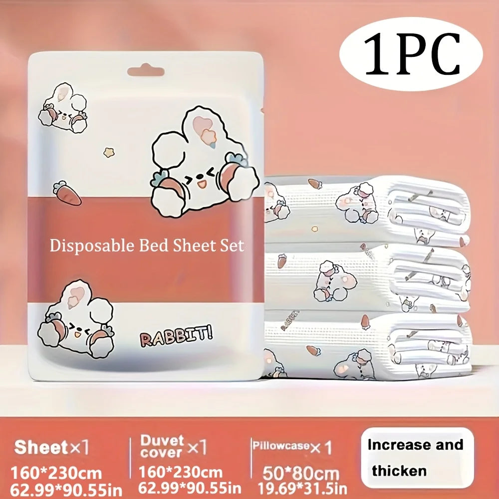 3PCS Disposable Bed Sheet Set Non-Woven Travel Bedding  Hypoallergenic Pillowcase & Fitted Sheet for Hotel, Camping