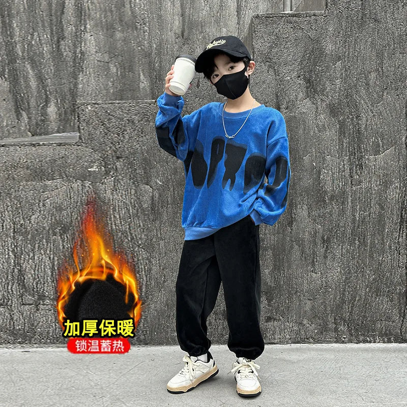 2025 autumn winter Boys Tracksuit velvet sweatshirt t shirt + ankle-tied Pants Suit Clothes children Set 4 5 6 8 10 12 14 Year