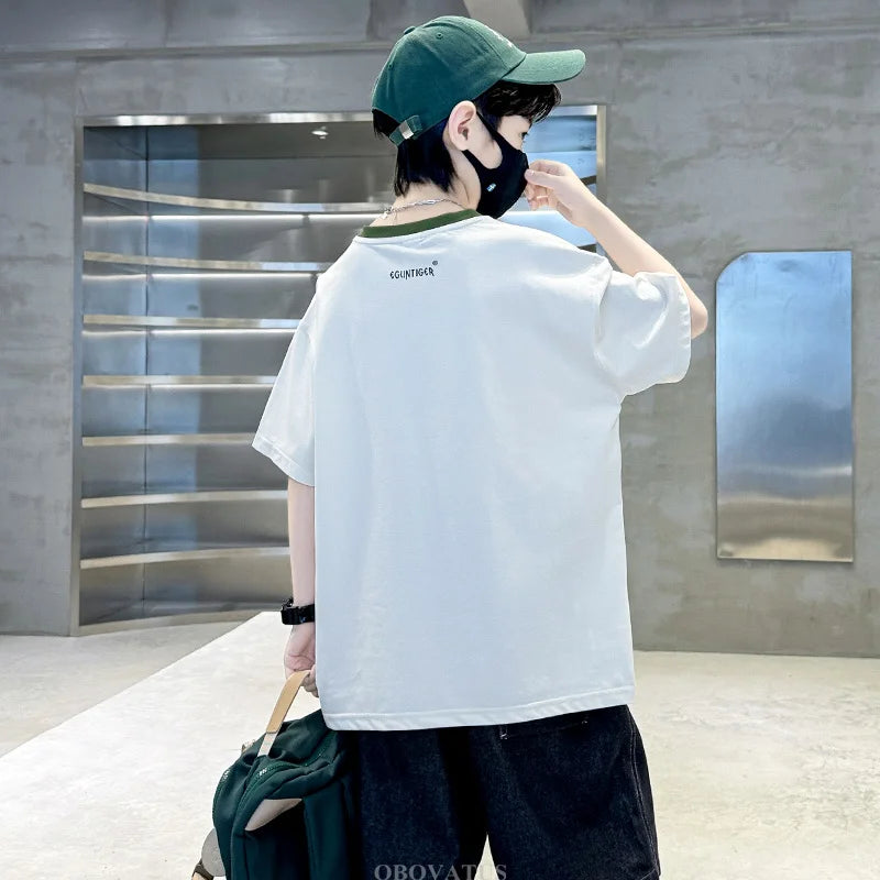 Summer Tees Tops for Teen Boy Cotton T-Shirt New Short Sleeve Fashion Cartoon Tshirts for Children Korea Kids Luxury Clothes