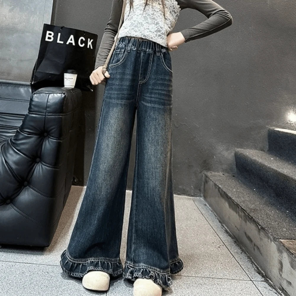Wide Leg Pants Teen Girl Jeans Straight Long Loose Children Ruffled Jeans High Waist Streetwear Girls Denim Trousers Girls Gift