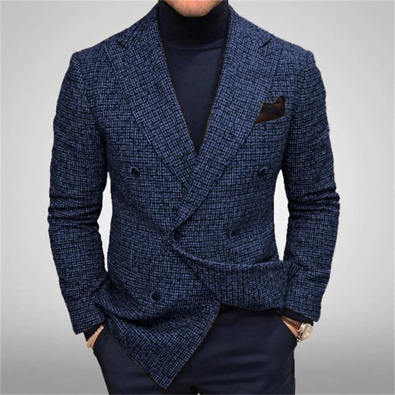 Men's Suit Jackets Double-Breasted Tweed Fabric Chest Bag Retro Gentleman Fashion Business Casual Formal Blazer Autumn Winter