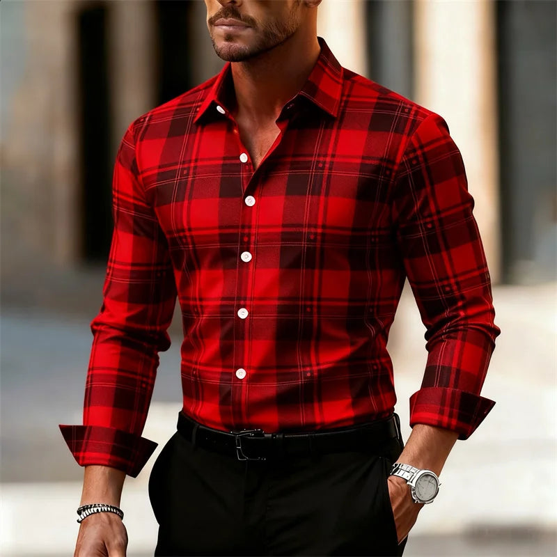 Men's plaid shirt, fashionable and casual street style long-sleeved shirt, men's tops, outdoor daily wear, large sizes XS-6XL