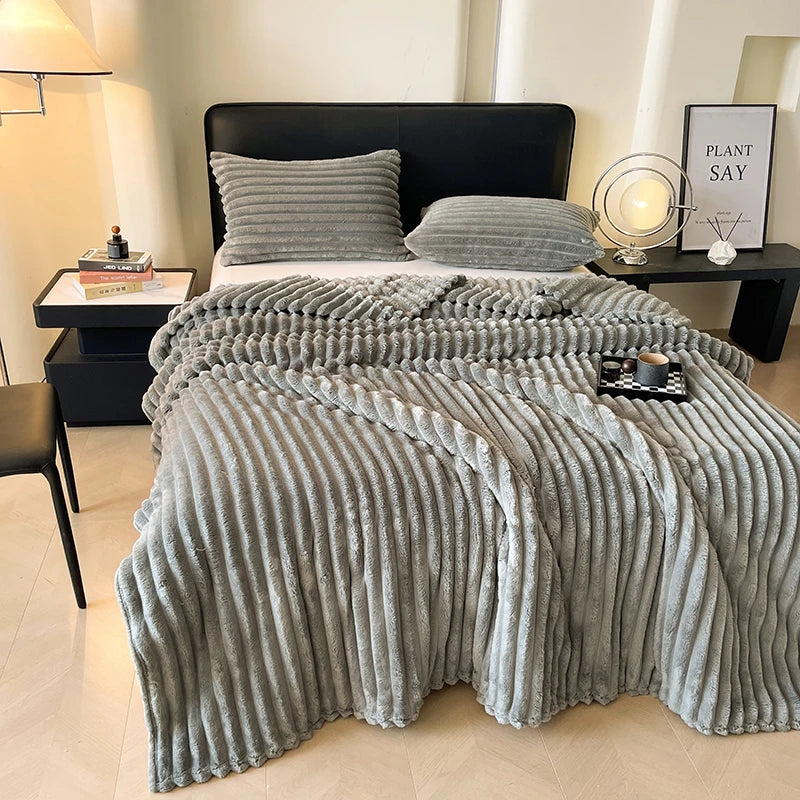 Solid color thickened wide striped multifunctional blanket, can be used as bed sheet cover blanket, nap blanket, pet blanket