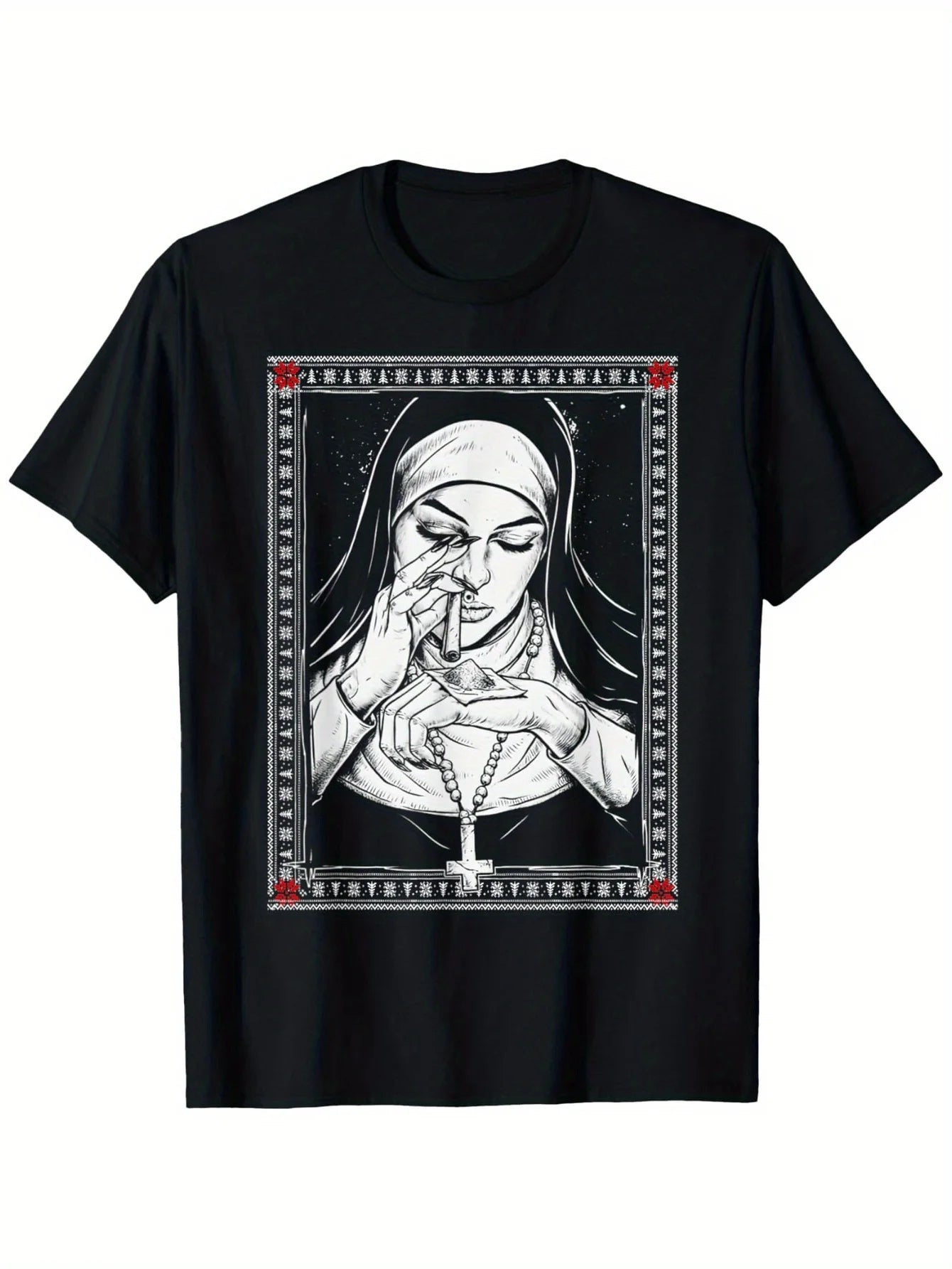 Men's Gothic Horror Design T-shirt Satanist Nuns Print Small Design Men's T-shirt Dark Unique Rebellious Personality Pure Cotton