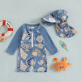 Blotona Toddler Boys Girls Rash Guard Swimsuit with Hat 2Pcs Set Seahorse Shell Pattern Zip Up Long Sleeve O-Neck Baby Swimwears