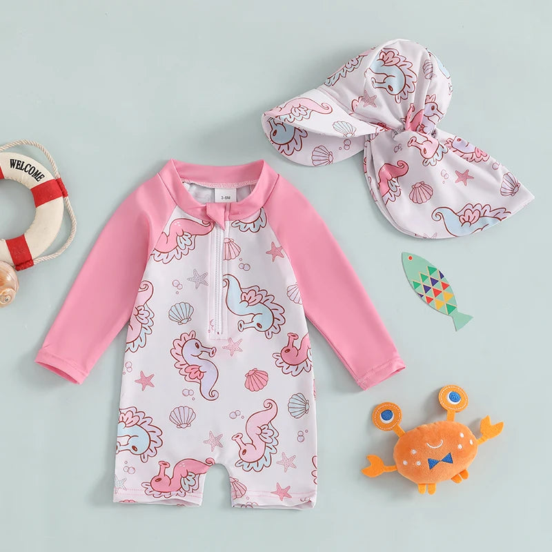 Blotona Toddler Boys Girls Rash Guard Swimsuit with Hat 2Pcs Set Seahorse Shell Pattern Zip Up Long Sleeve O-Neck Baby Swimwears
