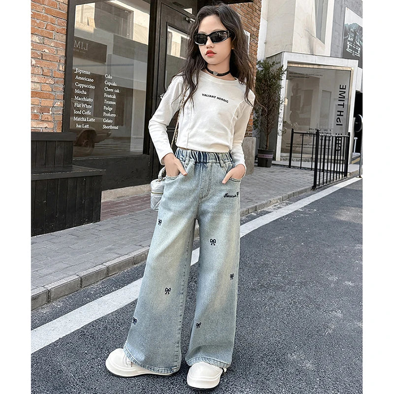 New 4-14 Years Spring Autumn Teenage Girls Jeans Full Print Bow Embroidery Fashion Wide-leg Denim Pants For Kids