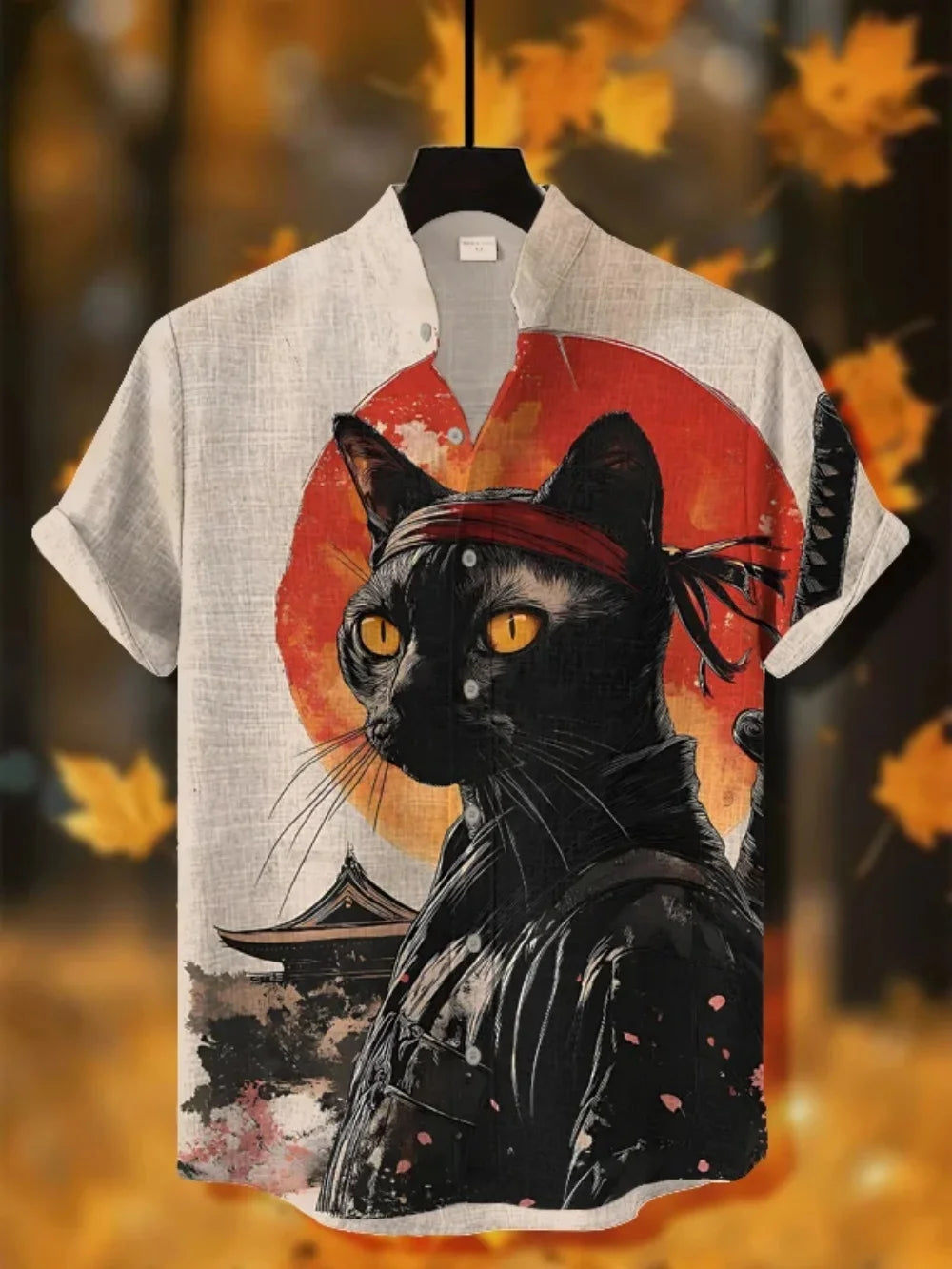 Men's Fashionable Black Cat Retro Print Shirt Short Sleeved Stand up Collar Cardigan Summer Casual Breathable Men's Clothing