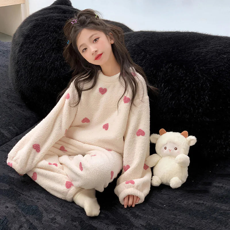 Girls Fleece Suits Kids Warm Padded Pajamas+Pants 2Pcs Outfits Children Autumn Winter Sets Teenager Soft Comfortable Clothing