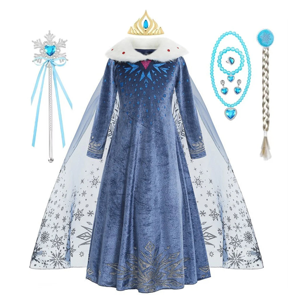 Elsa Costume Girl Blue Dress Long Sleeve Kids Cosplay Princess Dress Up Halloween Birthday Party Outfit