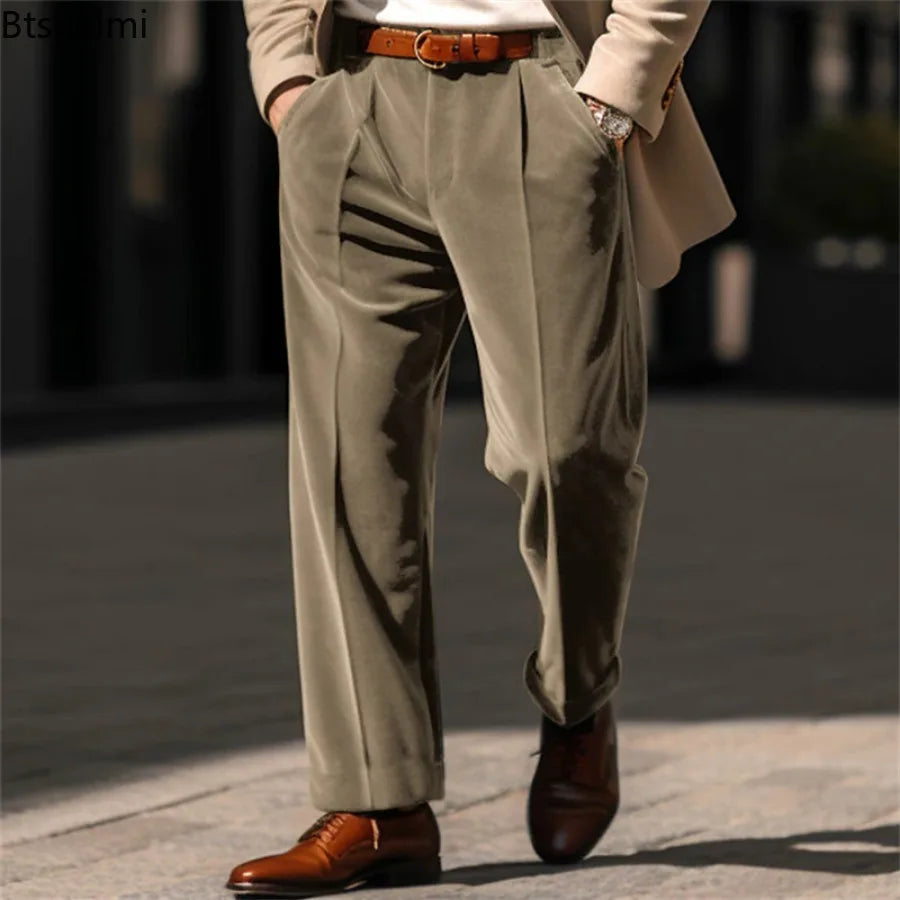 2025 Spring Autumn Men's Solid Color Velvet Suit Pants Business Casual Straight Leg Trousers Male Streetwear Fashion Dress Pants