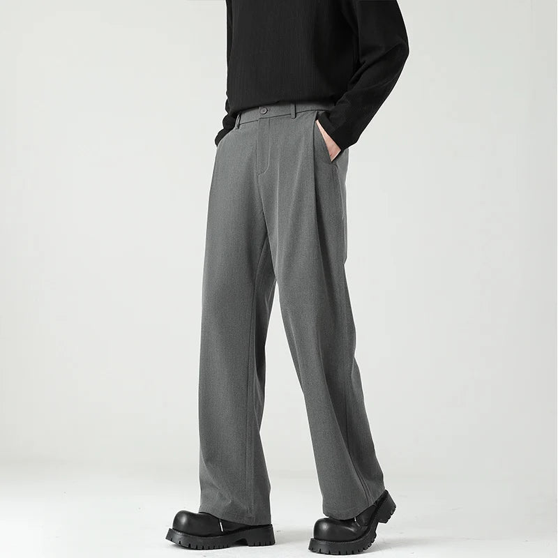 Autumn New Men's Black Gray Suit Pants Loose Straight Drape Solid Color Elastic Business Work Casual Trousers Fashion Clothing