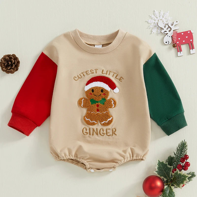 Baby Christmas Sweatshirt Romper Casual Gingerbread Letter Embroidery Long Sleeve Jumpsuit for Newborn Cute Clothes