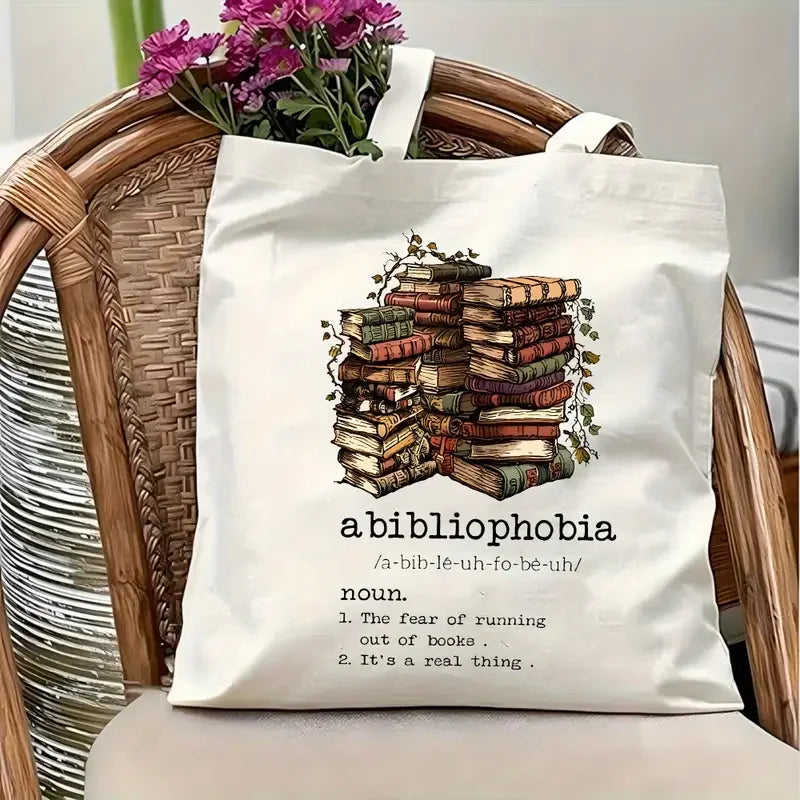 Canvas Tote Bag with Floral Book Reusable Shopping Bag Everyday Carryall for Books, Travel Gift for Readers and Plant Lovers