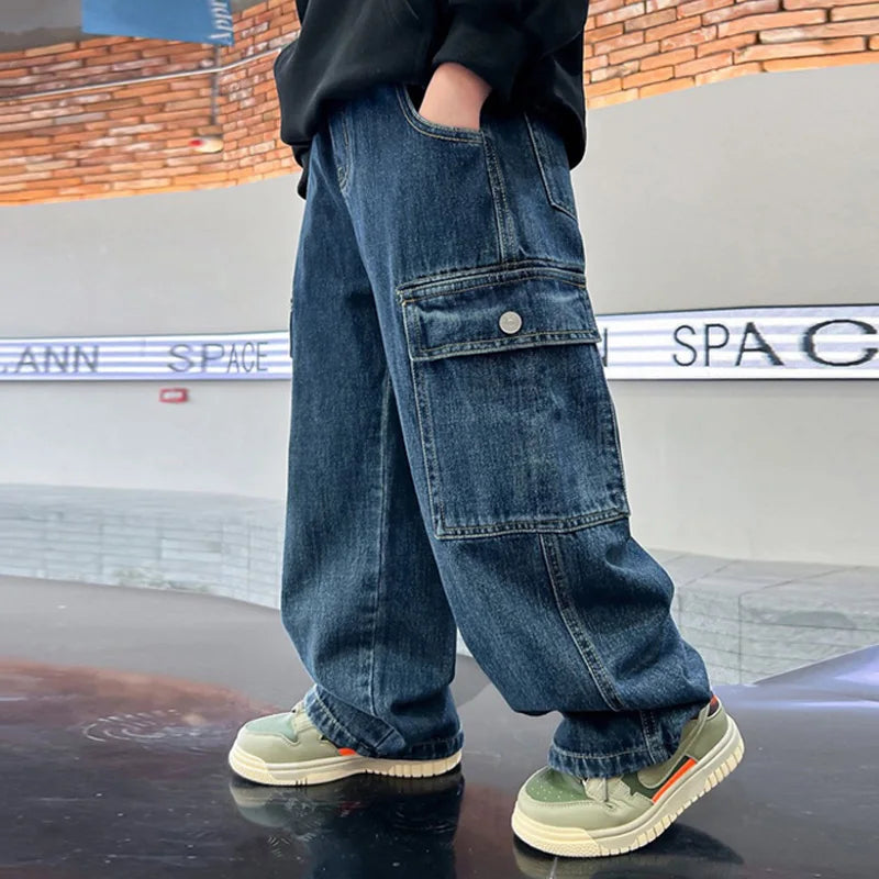 Teen Boys Jeans 2025 New Spring Autumn Pants Children's Straight Trousers Teenager Wide-legged Cargo Pants Kids Loose Clothes