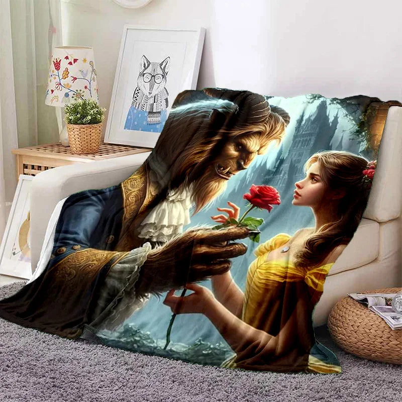 Lovely Beauty and The Beast Cartoon Soft Blankets,Keep Warm Throw Blanket Comfortable Blanket for Picnic Beds Sofa Home Bedroom