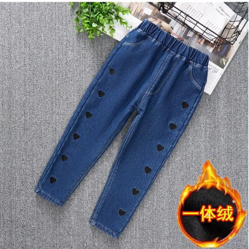 3-14 Years Teenage Pants For Girls Roupa Infantil Menina Winter Fleece Children Jeans Kids Denim Trousers Girls Clothing