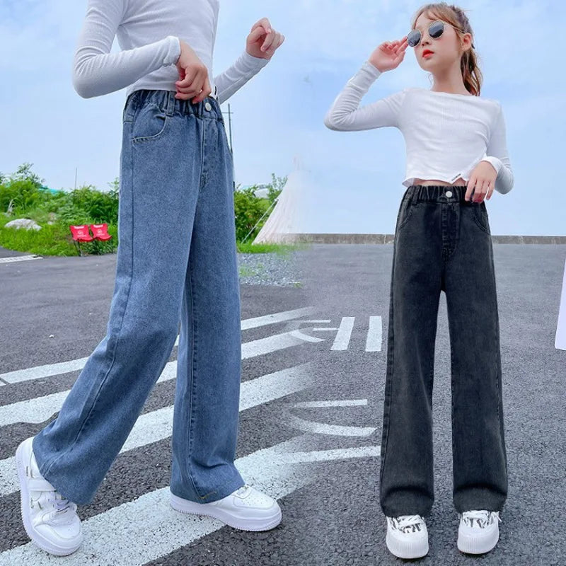 Teenage Girls Jeans 2025 Spring Autumn Casual Fashion Loose Blue Kids Leg Wide Pants School Children Trousers 6 8 10 12 Year