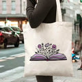 Canvas Tote Bag with Floral Book Reusable Shopping Bag Everyday Carryall for Books, Travel Gift for Readers and Plant Lovers