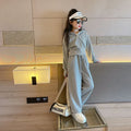 2025 autumn winter Girl grey Teens tracksuit zipper crop top Jacket hooded top and bottom wide leg pant child set 4 8 10 12 year