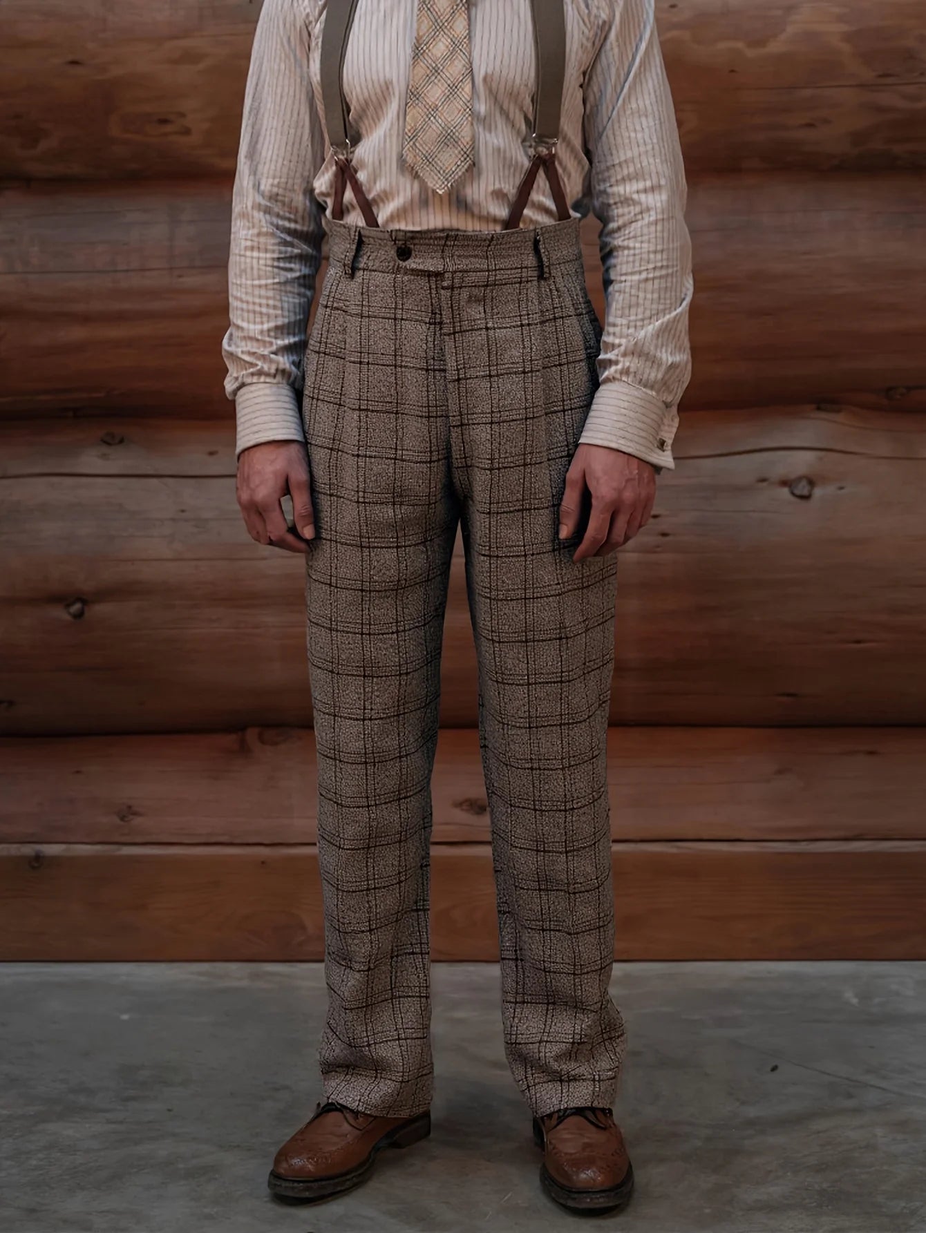 Men's Elegant Neapolitan Woolen Trousers Autumn Winter New Style Slim Fit High Waist Straight Leg Dress Pants with Checkered But