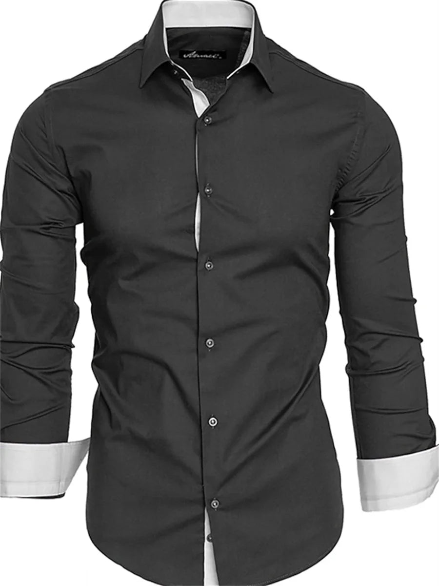 Men's shirt slim fit long sleeve lapel shirt business office fashion solid color black red daily casual men's tops XS-6XL size