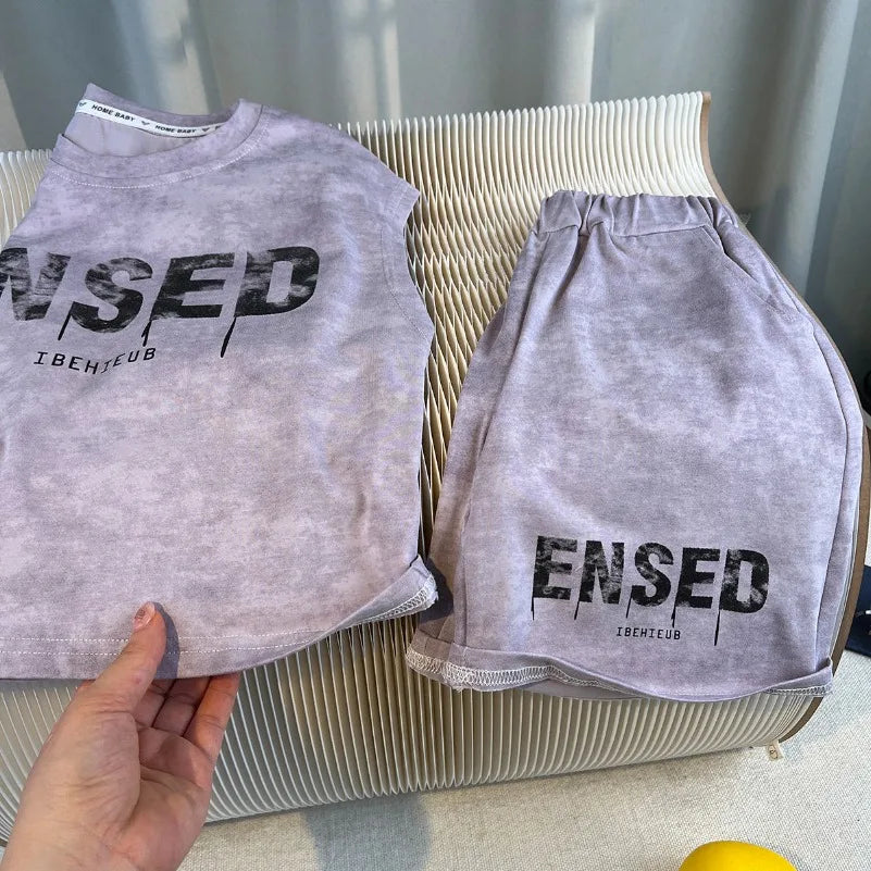 Summer Teenage Boy Clothes Kids Letter Print Sleeveless Top & Shorts 2pcs Suit New Fashion Baby Boys Clothing Children Tracksuit