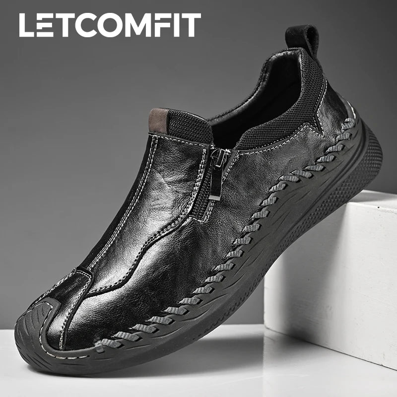 LETCOMFIT Handmade Genuine Leather Men Shoes Casual Comfort Slip on Loafers Men Flats Wear-resistant Walking Shoes All Season