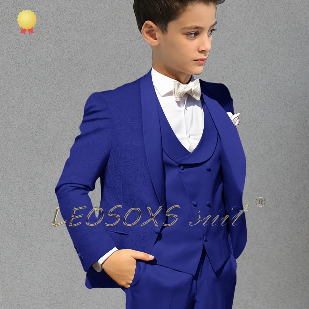 Boys Champagne Jacquard Coat Dress Set (Coat + Vest + Pants) Children Wedding Party Birthday Gift Elegant Gentleman Tuxedo