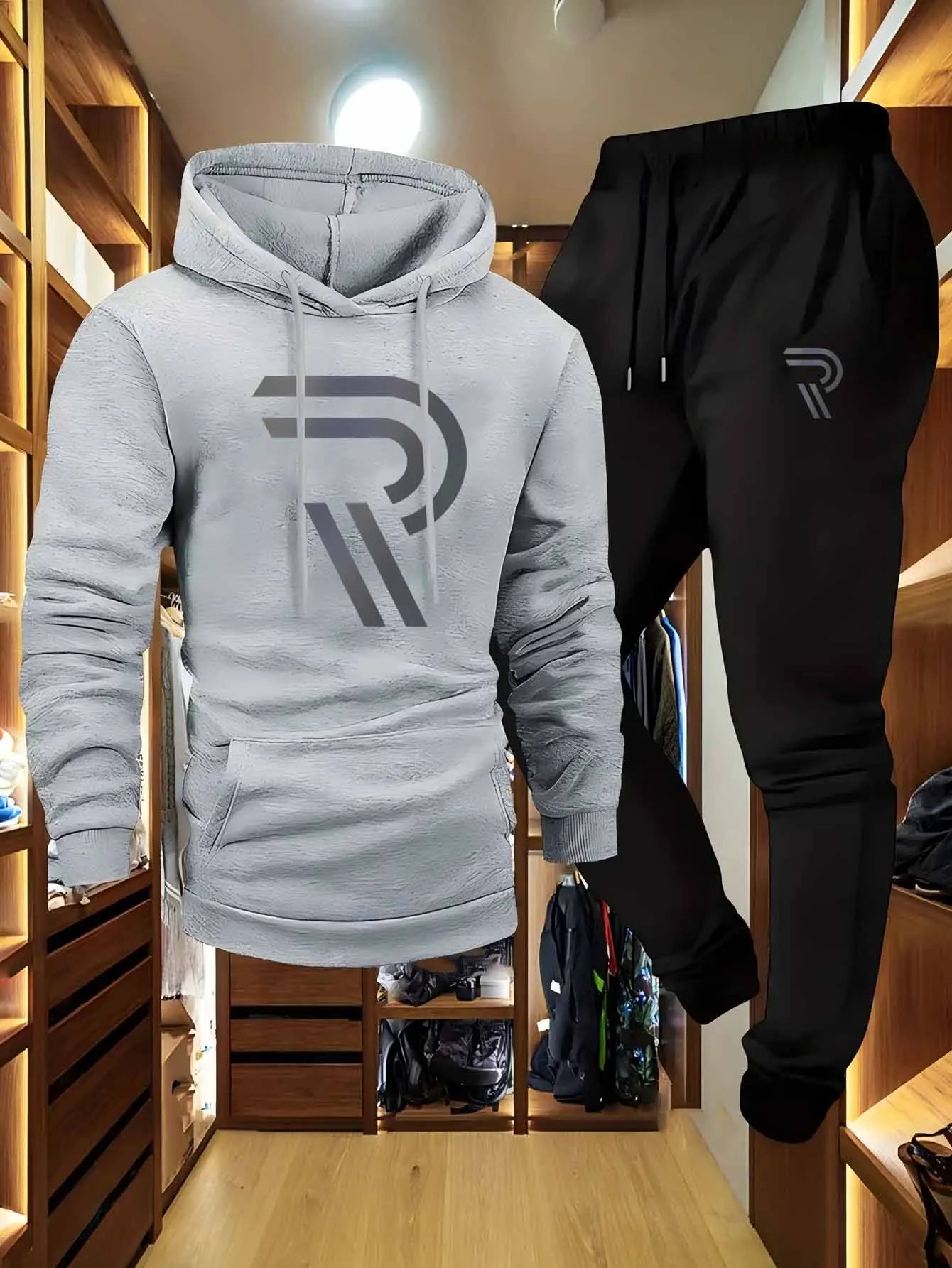 Men's Sporty Two-Piece Set Hoodie And Pants Gray Black Logo Non-Stretch Regular Fit with Pockets for Fall_Winter tracksuit men