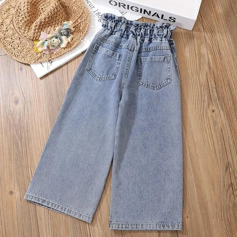 Girls' Wide-Leg Jeans Versatile Style 2025 Fashionable Big Kids Leisure Pants Spring And Autumn Girl Loose Double Waist Trousers