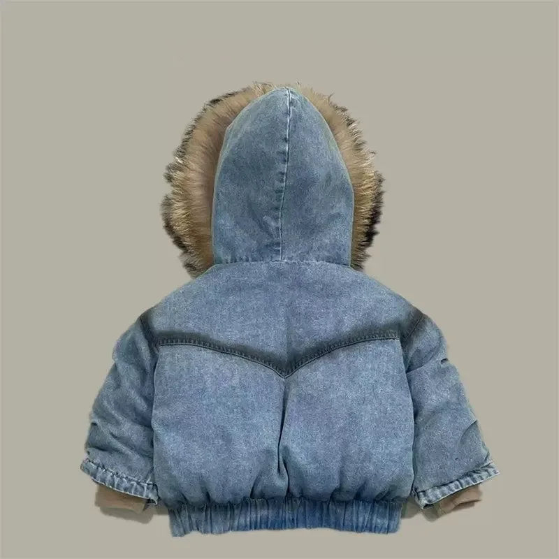 Children Boys Winter Jackets Denim Padded Outerwear Coat For 4-14Y Kids Boys Faux Fur Hooded Young Teens Boys Warm Parkas