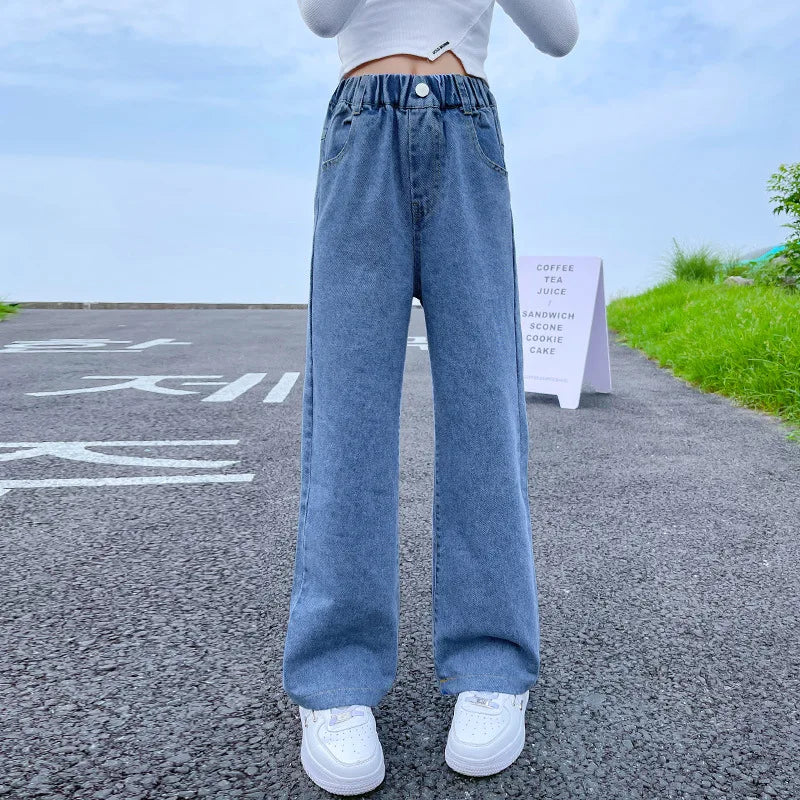 Teenage Girls Jeans 2025 Spring Autumn Casual Fashion Loose Blue Kids Leg Wide Pants School Children Trousers 6 8 10 12 Year