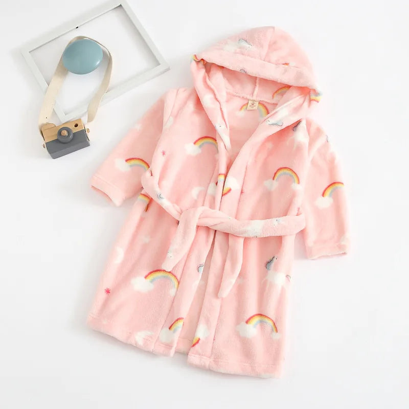 2025 Kids Hooded Flannel Bathrobe Baby Bath Bear Printed Robes Boys Girls Cute Cartoon Soft Warm Pajamas Long Sleeve Towel Robe