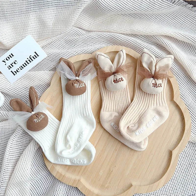 0-12 Months Baby Newborn Turban Cap Socks Set Cute Flower Princess Girl Indian Caps Cartoon Rabbit Ears Cotton Socks Kids Sokken