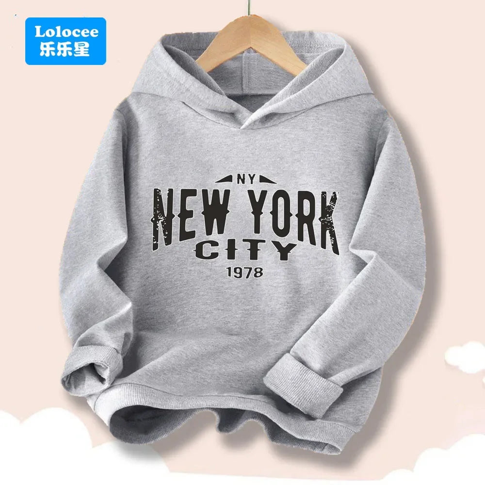 New York Letter Graphic Print Hoodies for Boy Girl Long Sleeve Retro Pullover Sweatshirt Teens Autumn Fashion Tops ZMNY1