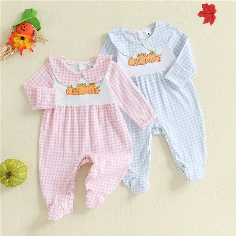 Baby Clothes Baby Girls Boys Halloween Romper Pumpkin Embroidery Plaid Doll Collar Long Sleeve Footie Jumpsuit for Fall