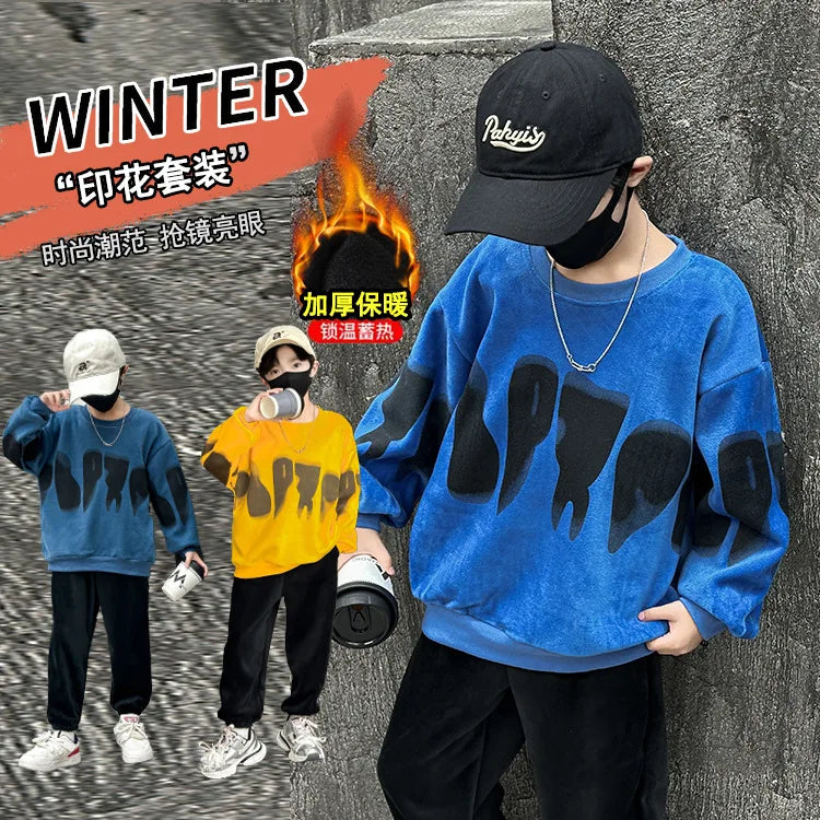2025 autumn winter Boys Tracksuit velvet sweatshirt t shirt + ankle-tied Pants Suit Clothes children Set 4 5 6 8 10 12 14 Year