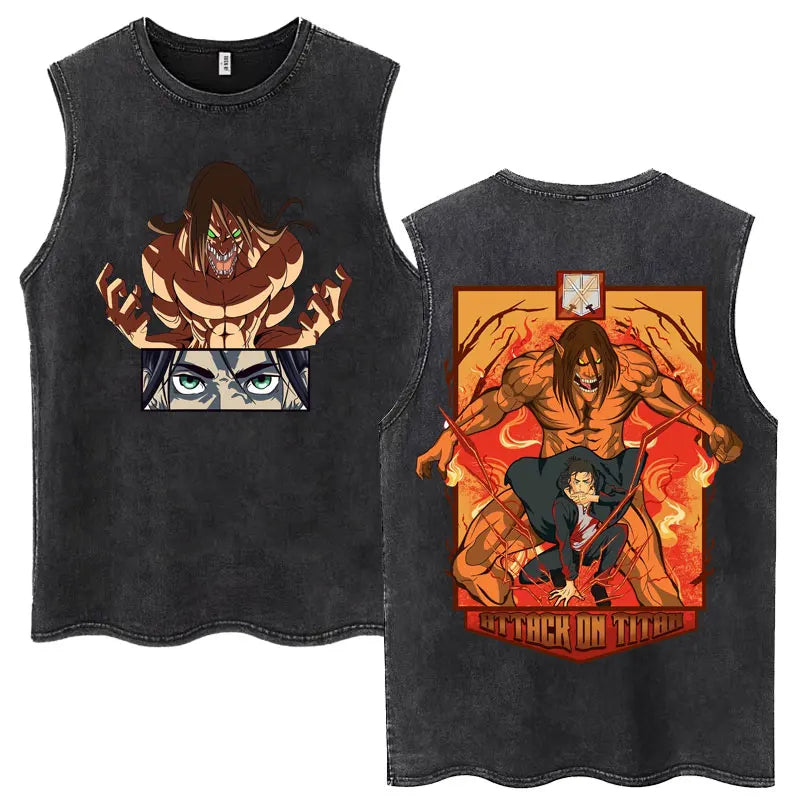 Washed Anime Attack on Titan Vintage Tank Tops Eren Yeager Shingeki No Kyojin Sleeveless T Shirt Men's Cotton Loose Y2k T Shirts