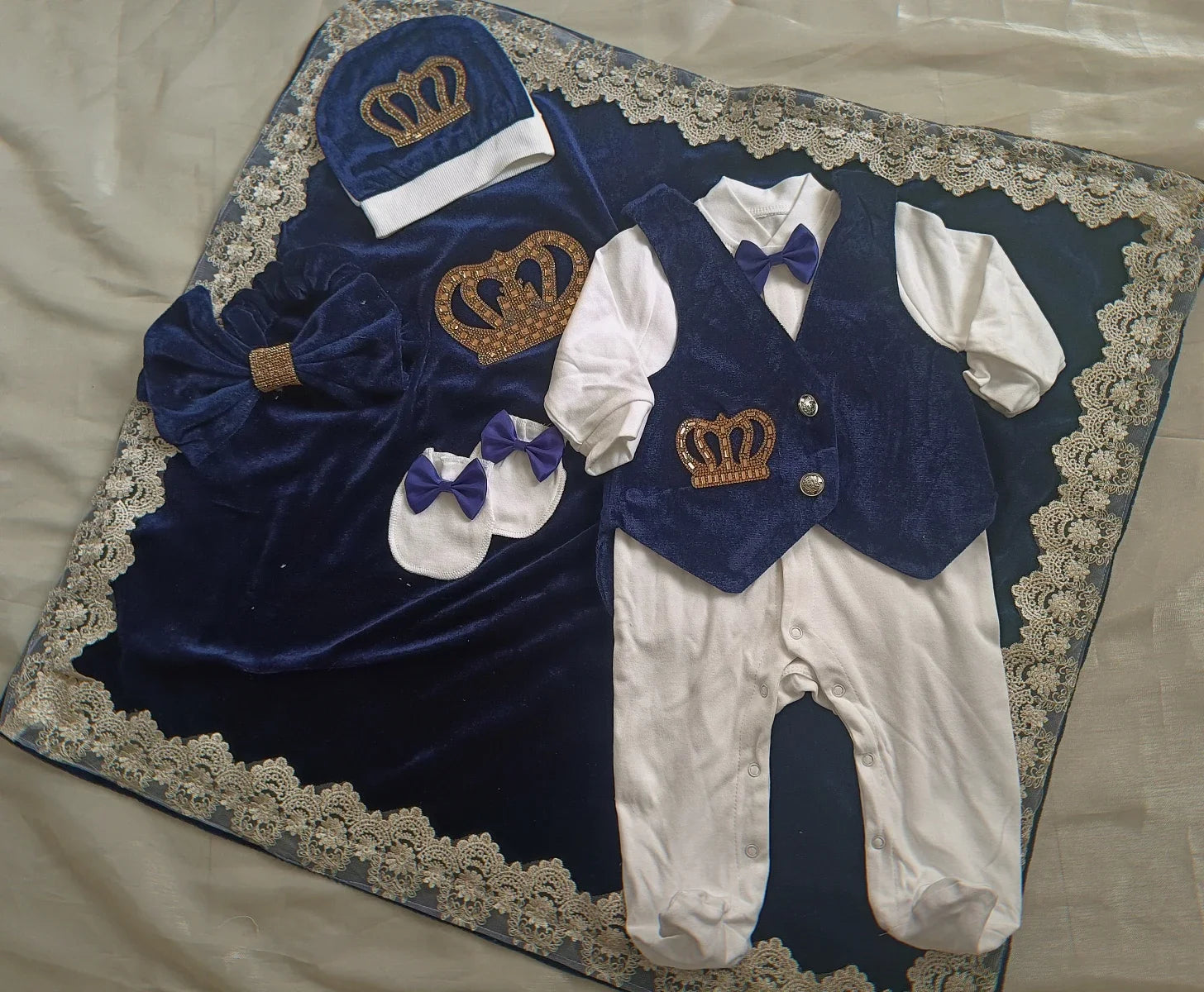 Dollbling Royal Blue Velvet Baby Romper Outfits Set Welcome Home Nursery Infant Nest Luxury Crown Receiving Blanket