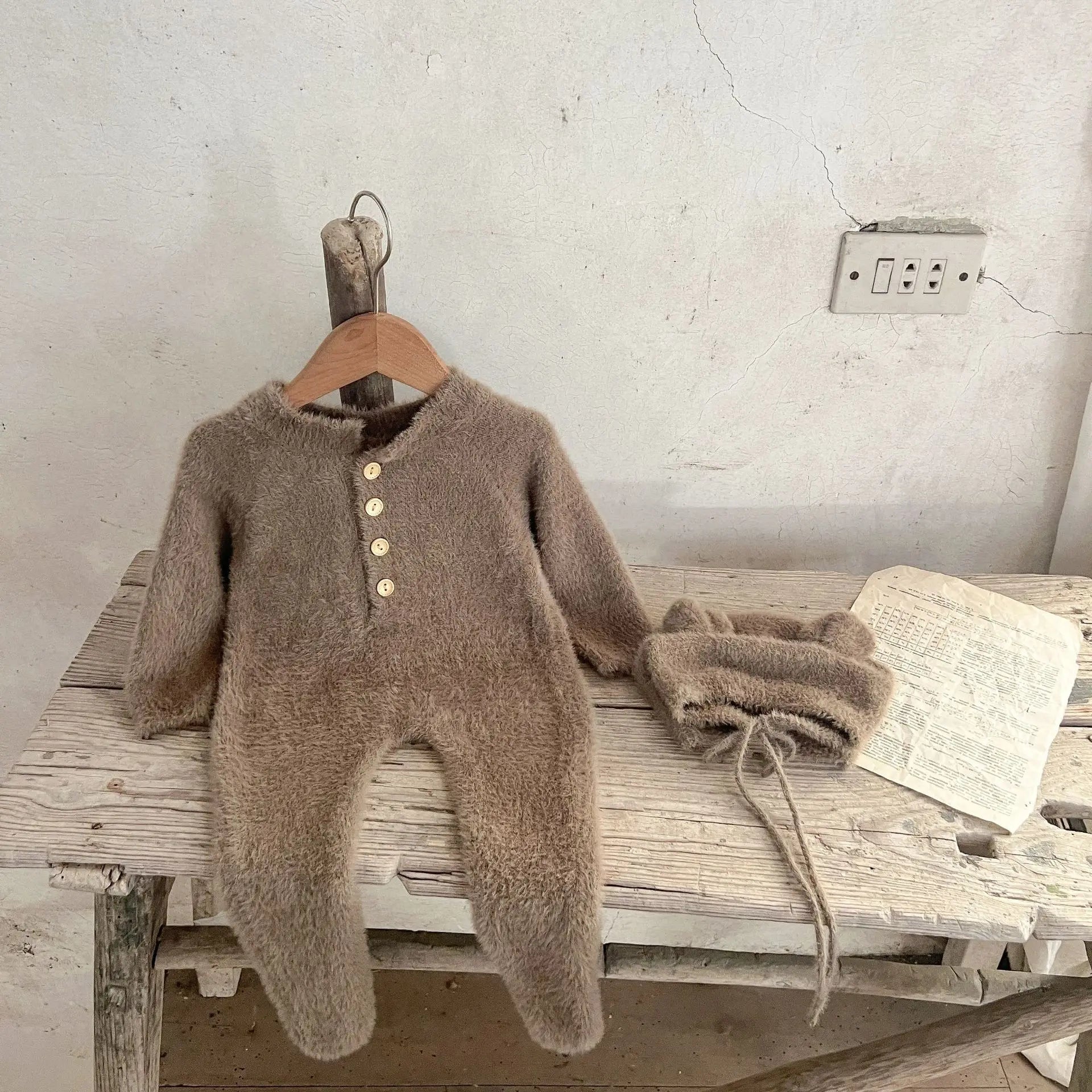 Newborn Baby Winter Jumpsuit Mink Cashmere Cute Bear Ear Hooded Onesie with Hat 0 - 3Y Baby Boys Girls Warm Footed Romper