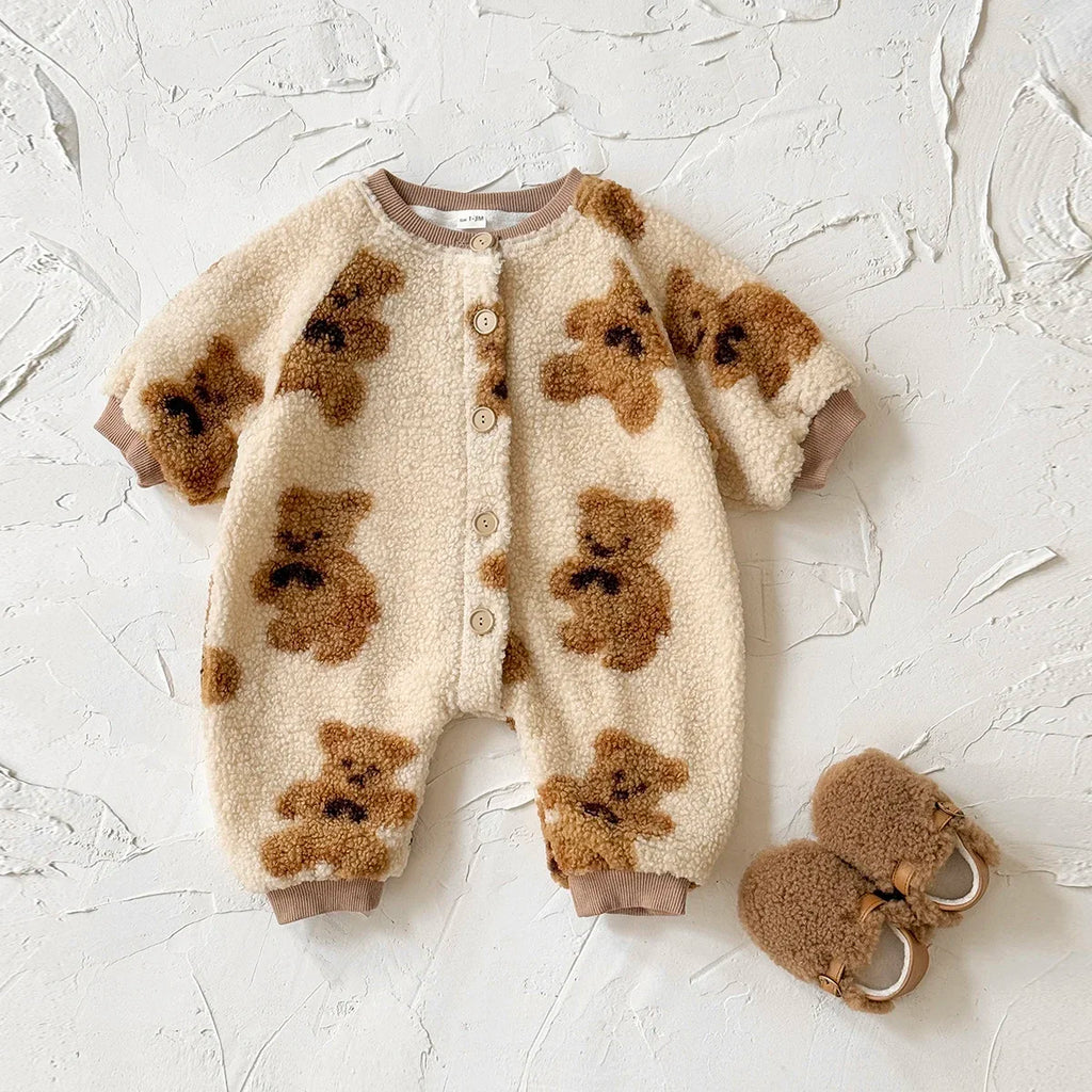 Lamb Fleece Cute Bear Printed Baby Jumpsuit Winter Newborn Baby Girls Boys Long Sleeve Crawling Suit