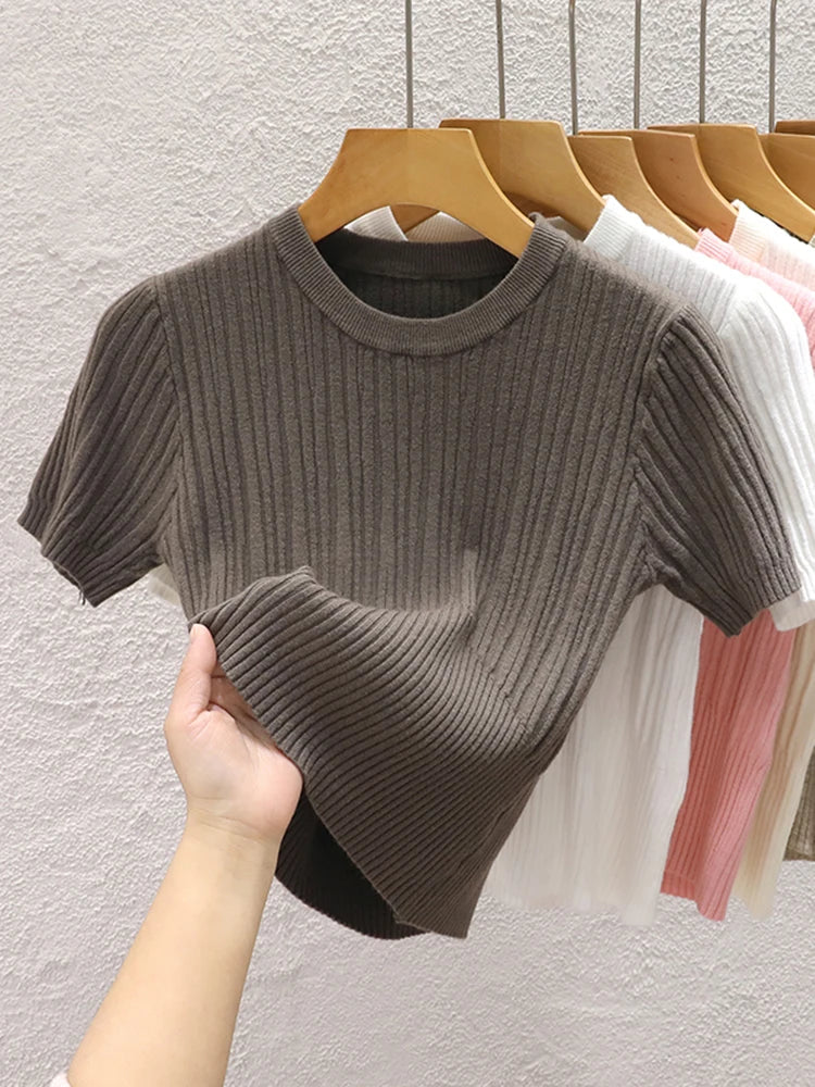 2025 Summer T shirts for Women Casual Female Korean Knit Streetwear Tees Basic Solid Young Cool Tops